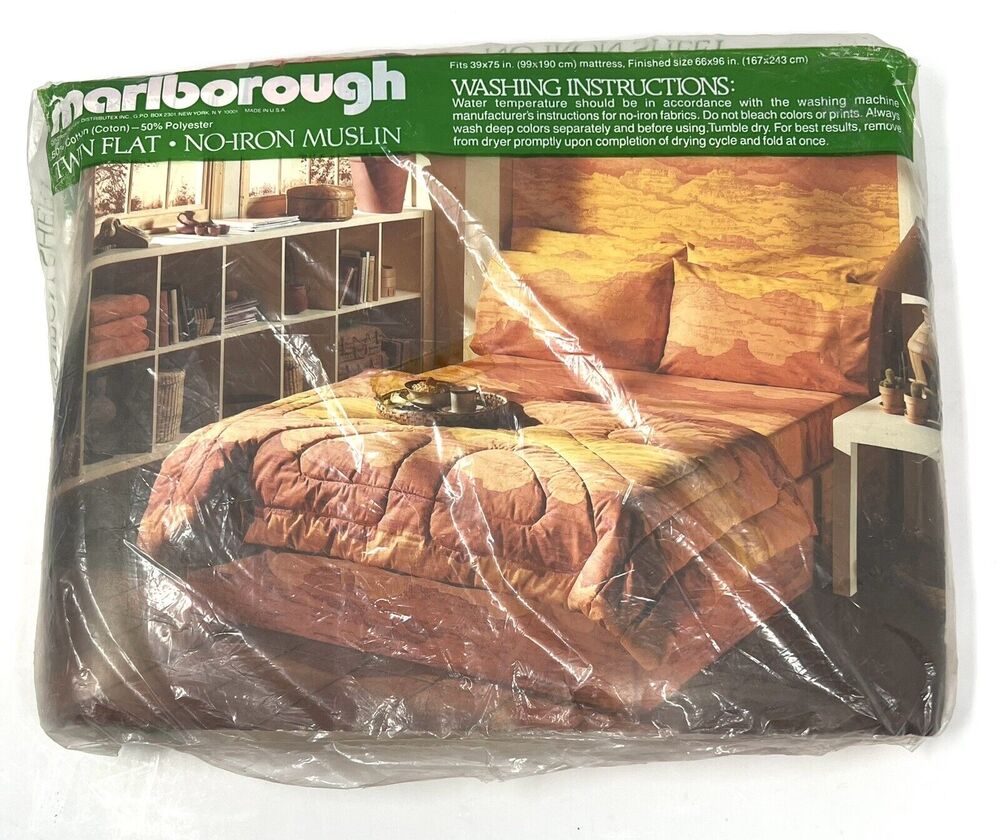 Vtg 70s Marlborough Southwest Desert Sunrise Canyons Twin Flat Sheet Orange